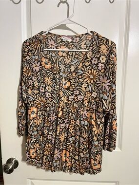Andree Floral V-Neck Peasant Blouse in Brown, Peach & Lavender